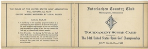 1930 US Open Golf Championship Original Score Card (Bobby Jones Grand Slam Year)
